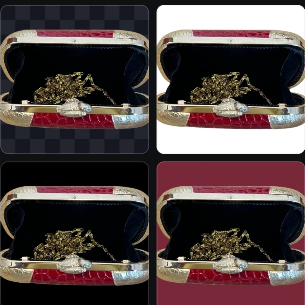 Red Crocodile Embossed Bird Kiss Lock Clutch with Gold Chain and Accents - Picture 2 of 8